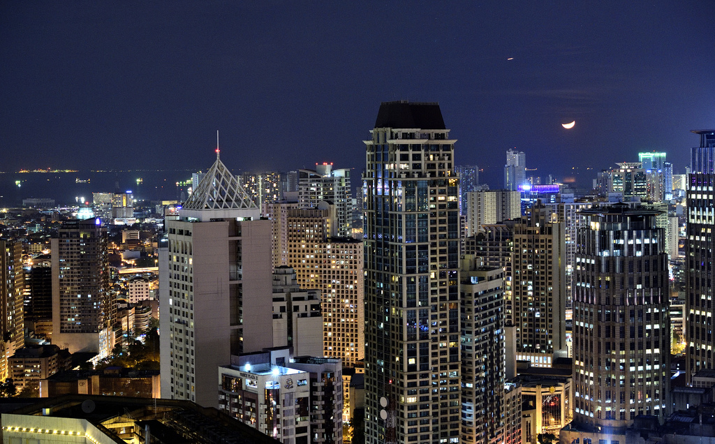 Aerial view of Makati City at night, one of Philippines BPO hubs