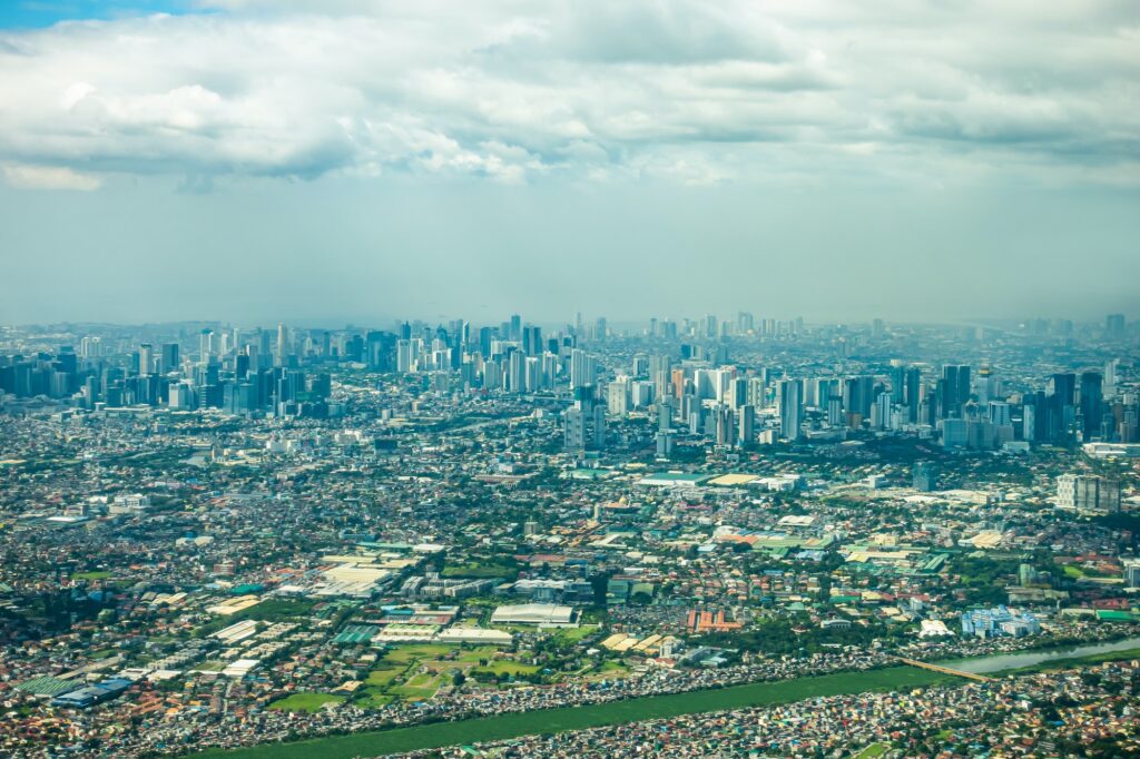 Aerial high panorama beautiful landscape view of central Metro Makati Manila city in Philippines