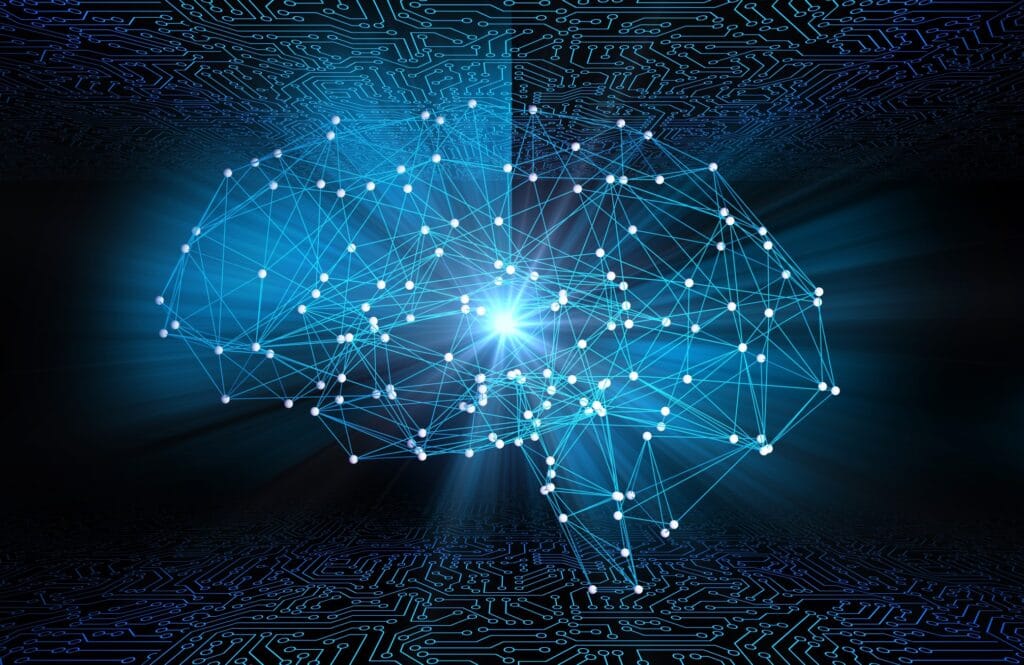 digital data and network connection of human brain with flare light on black background