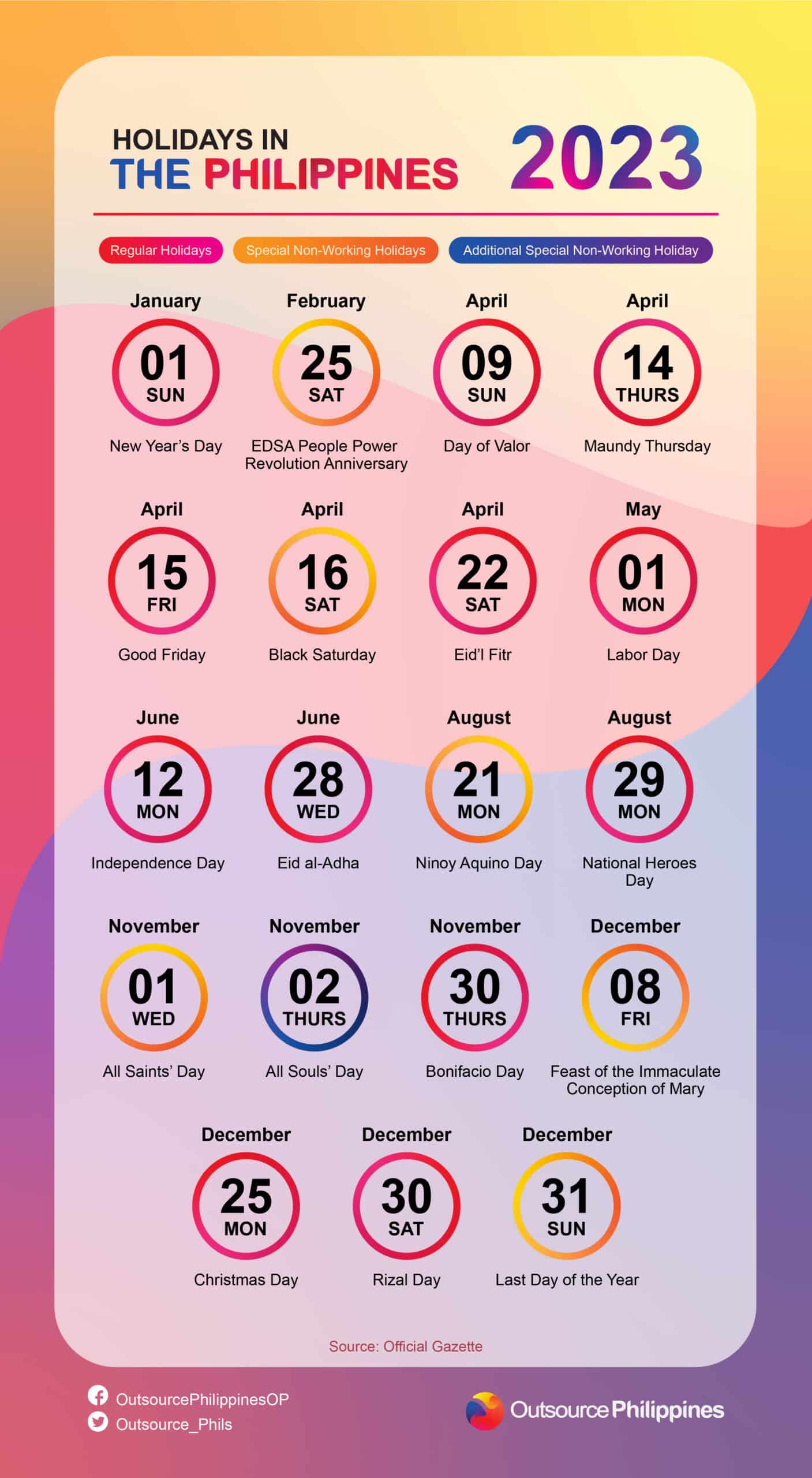 Outsource-Philippines infographics for the list of  holidays in the Philippines for 2023