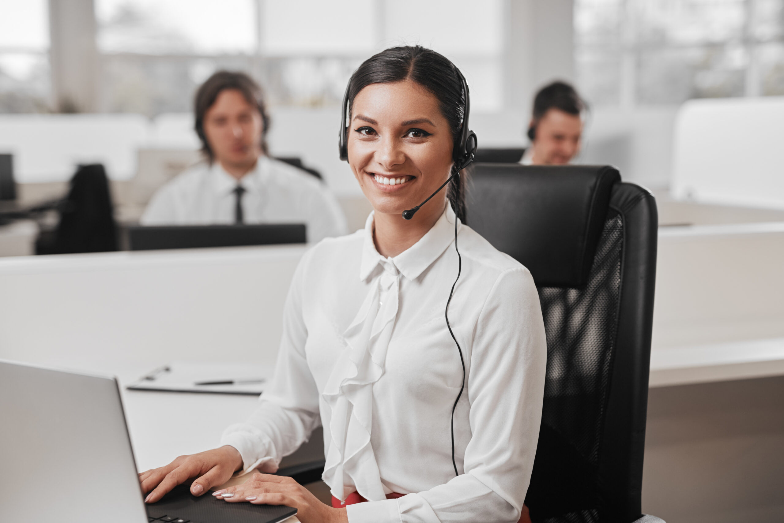 friendly female agent in call center outsourcing