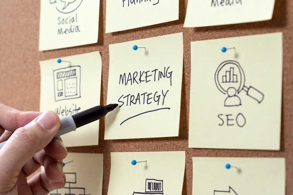 marketing strategy planning with keywords and icons for business success concept