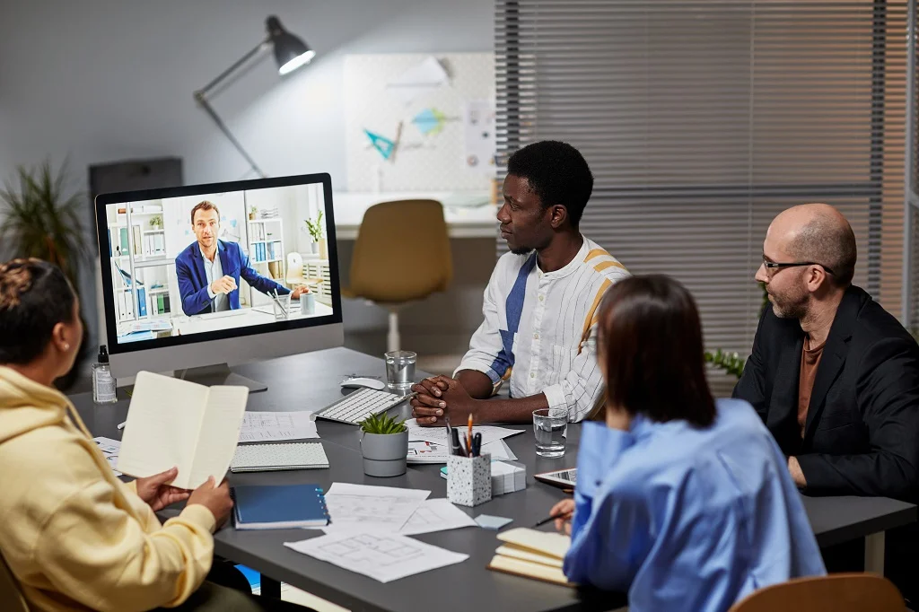 a focused inside sales outsourcing team in a serious online meeting with their client