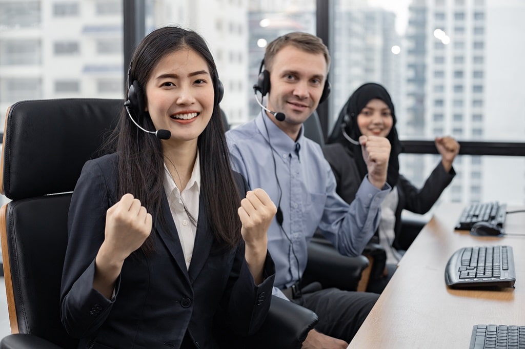 a diverse team of contact center agents at work