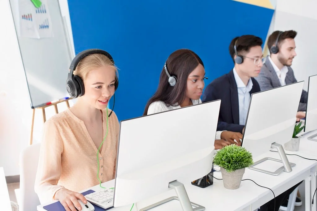 a diverse telemarketing team busy at work