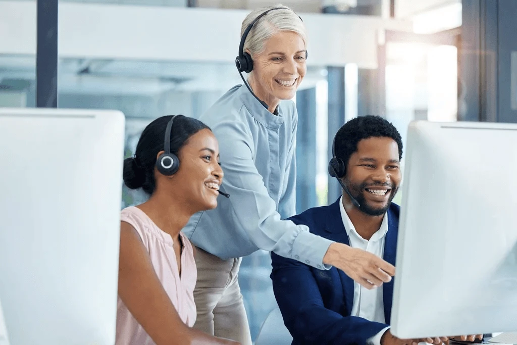 call center team collaborating at work