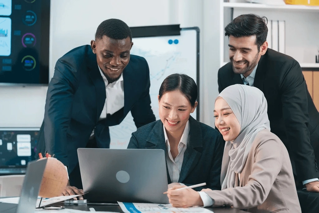 customer service with multilingual employees are huddling in the meeting room