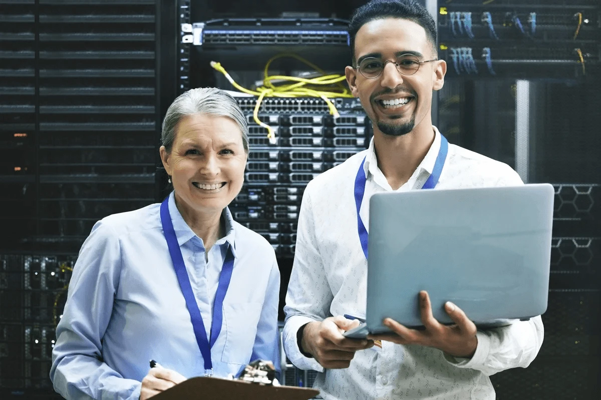 it technicians in a modern server room