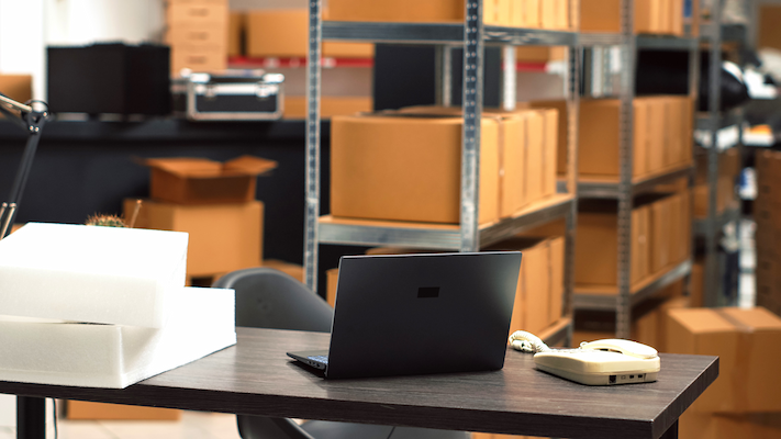 empty warehouse depot with logistics desk and rack