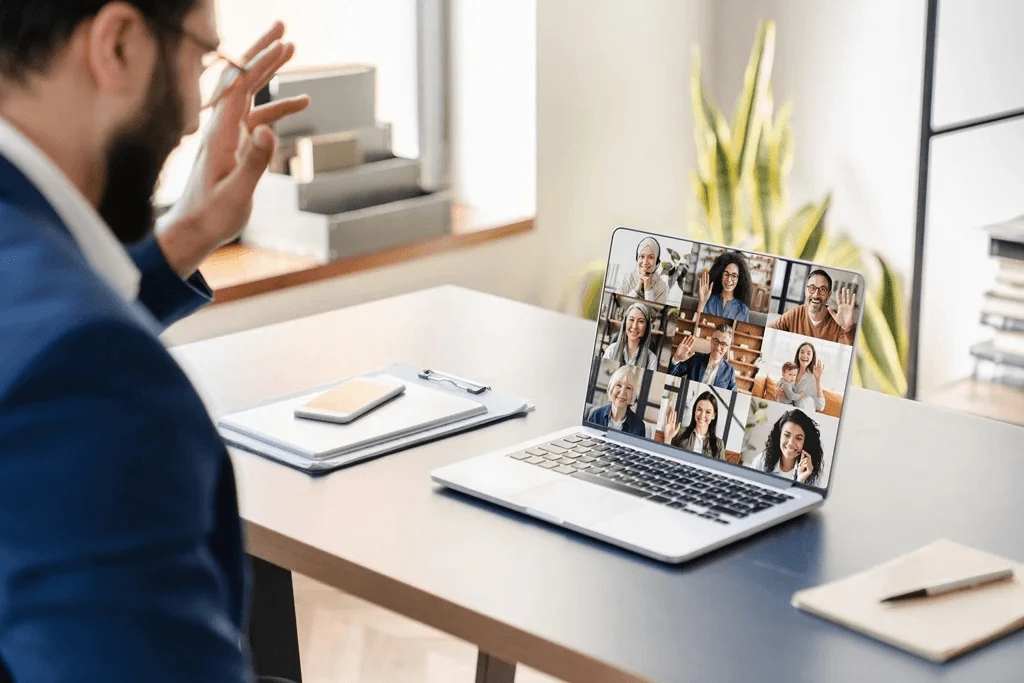 executive having a virtual meeting with his outsourced e-commerce support team