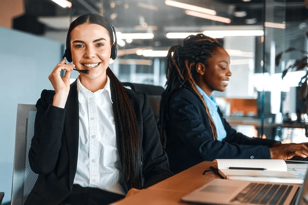 contact center agents wearing headphones for work