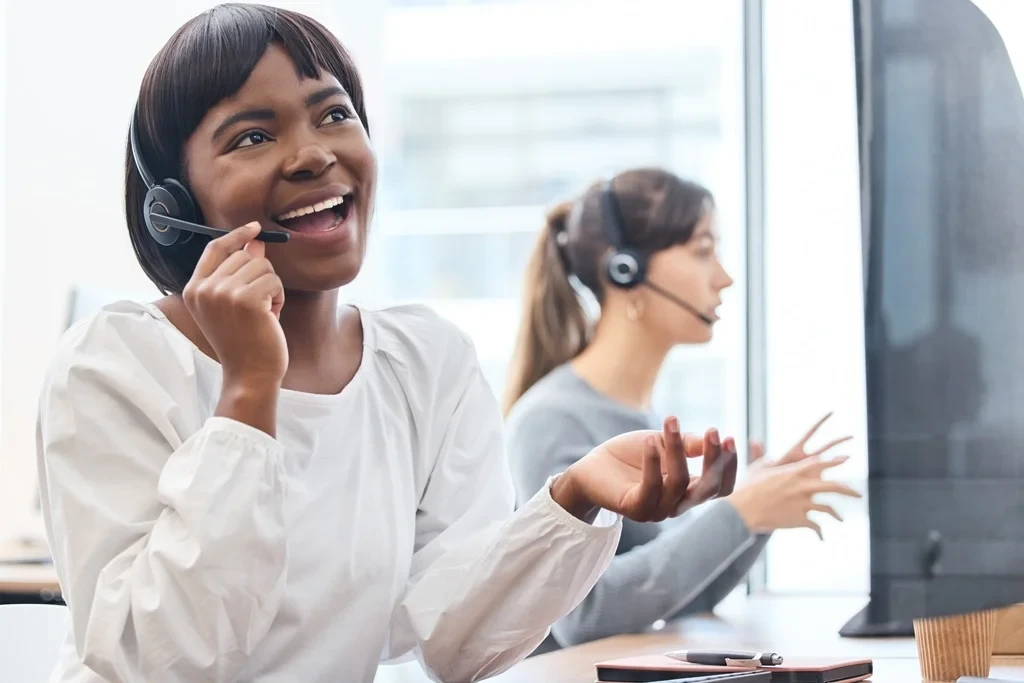 enthusiastic customer service agent engaging with clients