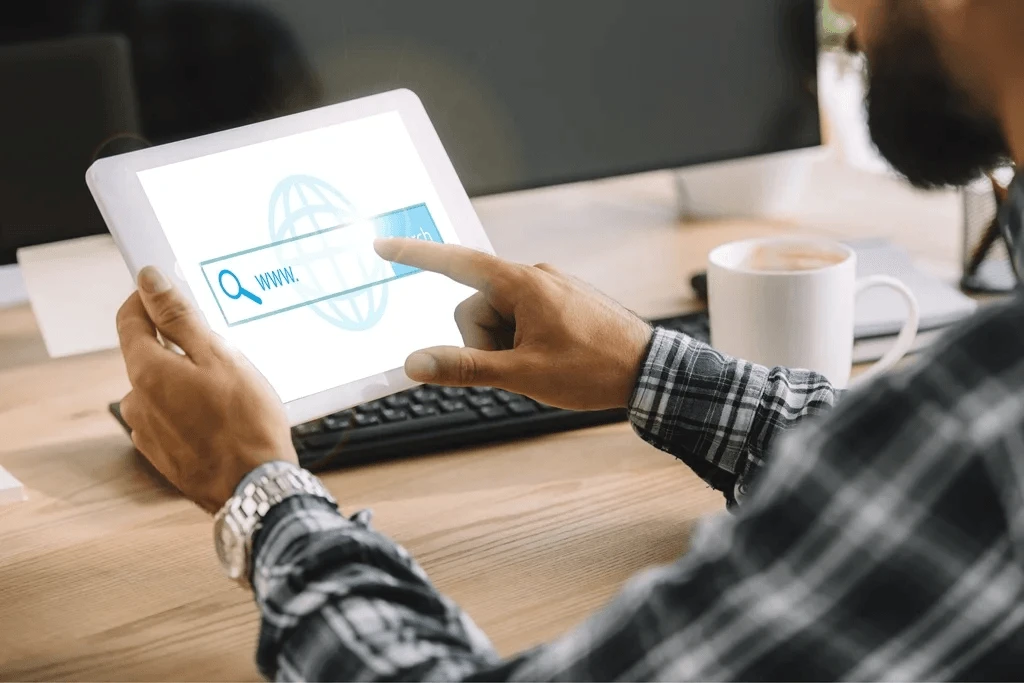professional using a search engine to look for a website