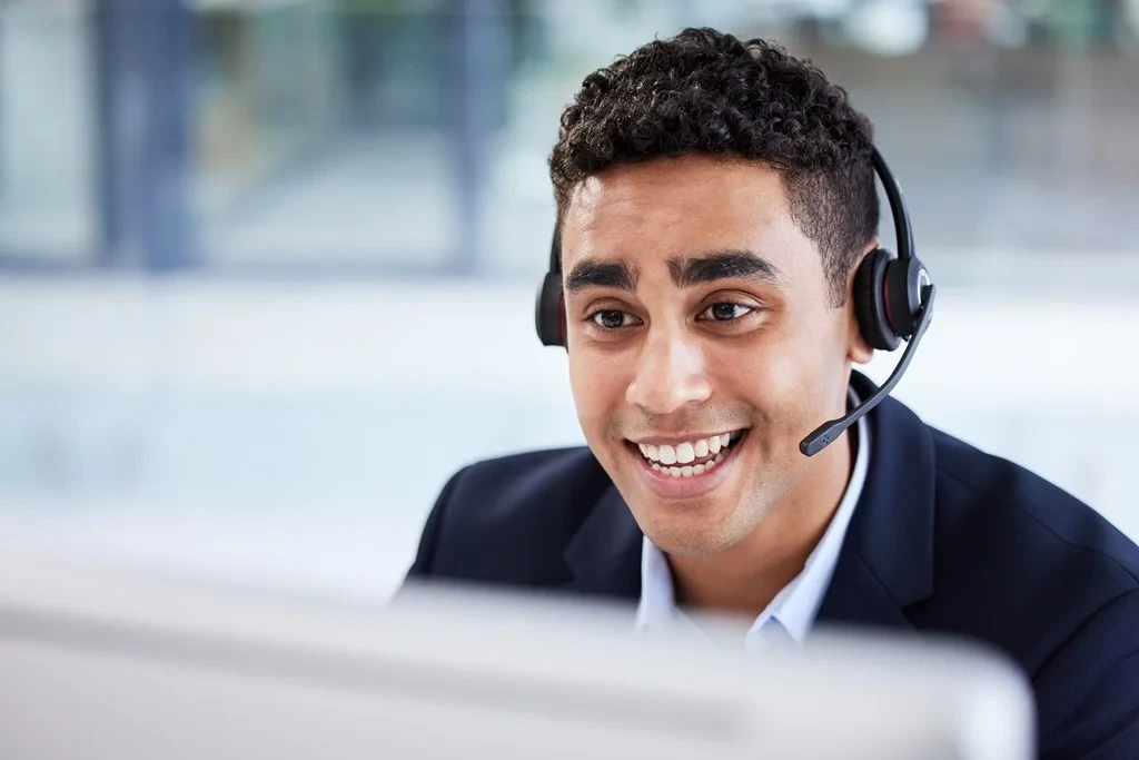 call center agent talking with a customer with enthusiasm