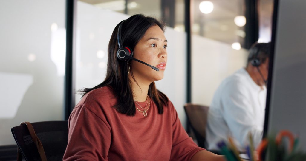 Call center, woman and phone call, contact us with CRM, customer service or telemarketing sales, co