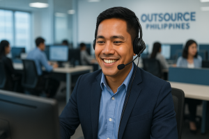 Filipino customer service representative helping a client in a professional outsourcing office