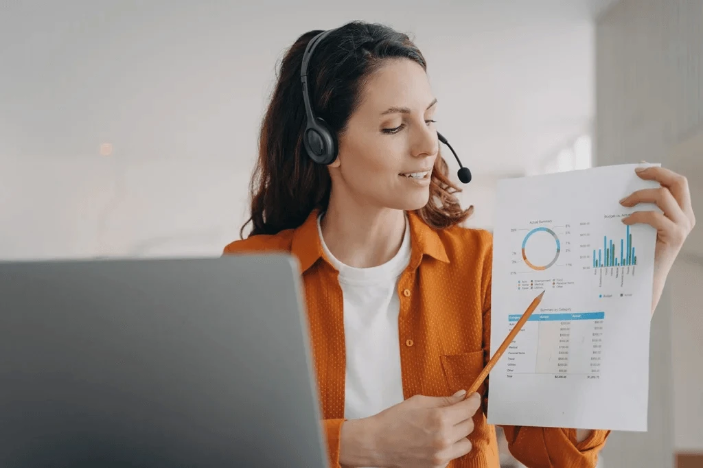 customer service team leader presenting metrics during a virtual meeting