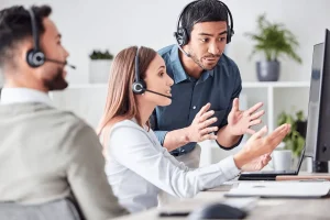 call center agents discussing customer service values