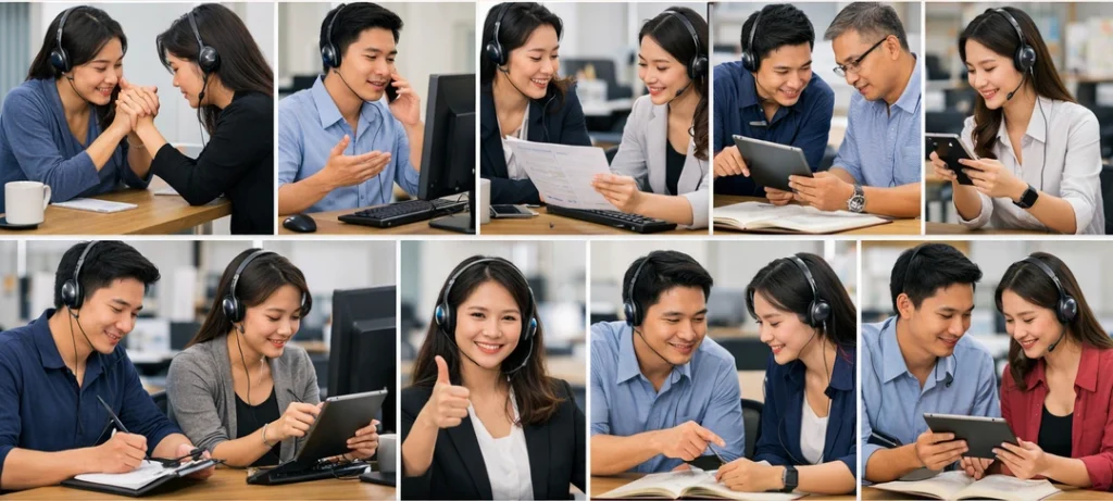A collage of customer service agents demonstrating different customer service traits.