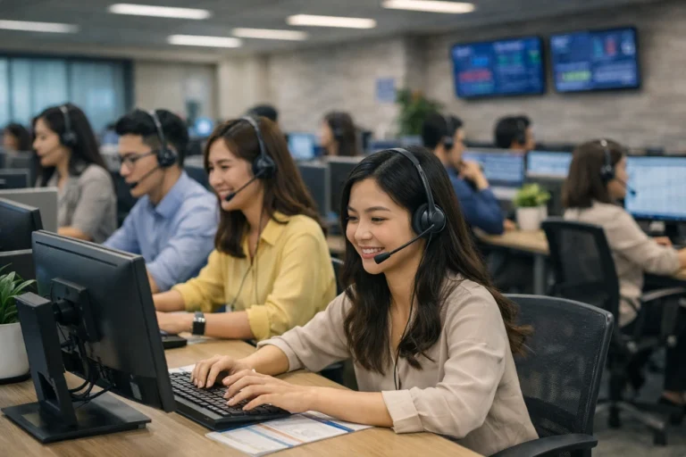 Realistic Asian BPO office with customer service representatives wearing headsets and assisting clients, illustrating customer service experience improvement.